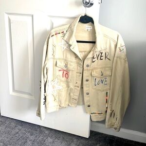 Painted distressed‎ Jean denim jacket with graffiti new Medium